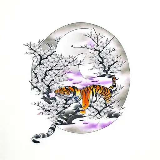 irezumi tiger climbing down a branch with plum blossoms and swirl clouds and moon in back tattoo design idea