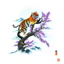 chinese tiger climbing down a branch with plum blossoms and swirl clouds. tiger has lavender eyes tattoo design idea