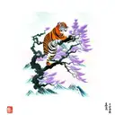 chinese tiger climbing down a branch with plum blossoms and swirl clouds. tiger has lavender eyes tattoo design idea