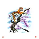 chinese tiger climbing down a branch with plum blossoms and swirl clouds. tiger has lavender eyes tattoo design idea