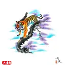 chinese tiger climbing down a branch with plum blossoms and swirl clouds. tiger has lavender eyes tattoo design idea
