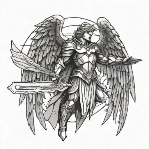 archangel Michael with a sword and wings making a cool pose tattoo design idea