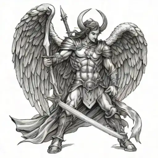 archangel Michael with a very long sword and wings, and muscles with armor, making a cool pose, in a sculpture type art tattoo design idea