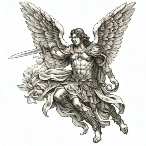 archangel Michael with a sword and wings making a cool pose tattoo design idea