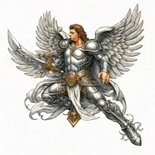 archangel Michael with a sword and wings, and muscles with armor, making a cool pose  tattoo design idea