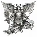 archangel Michael with a sword and wings making a cool pose tattoo design idea