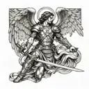 archangel Michael with a sword and wings making a cool pose tattoo design idea
