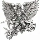 archangel Michael with a sword and wings making a cool pose tattoo design idea