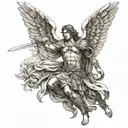 archangel Michael with a sword and wings making a cool pose tattoo design idea
