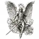 archangel Michael with a sword and wings making a cool pose tattoo design idea