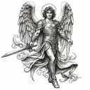 archangel Michael with a sword and wings making a cool pose tattoo design idea