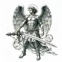 archangel Michael with a sword and wings making a cool pose tattoo design idea