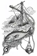 Barb wire mountains fishing hook tattoo design idea