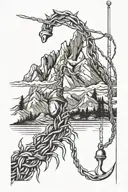 Barb wire mountains fishing hook tattoo design idea