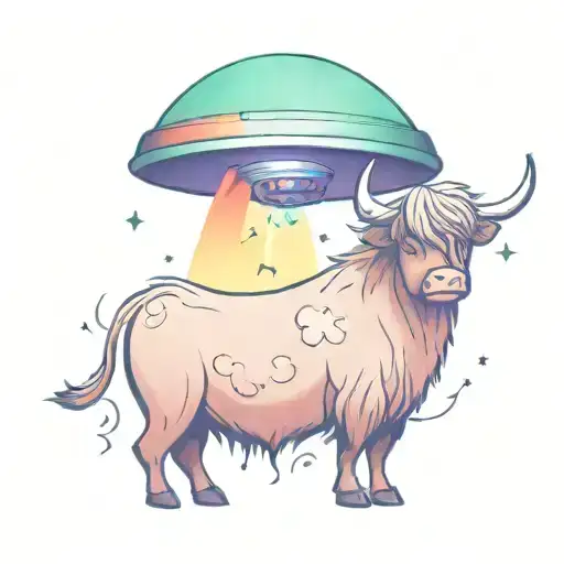 A simple line art cartoon of a UFO abducting a highland cow, and the aliens calling it cute inside the UFO tattoo design idea
