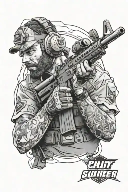 Create a portrait of a professional Call of Duty player in action, with the New York Subliners logo in the background tattoo design idea