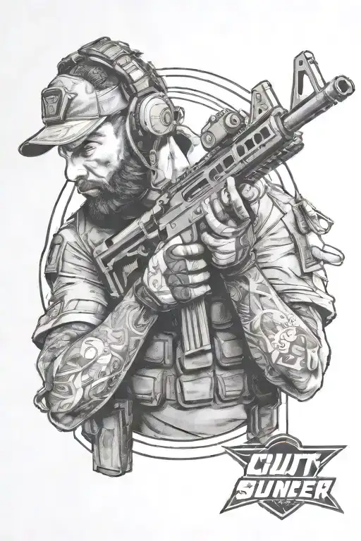 Create a portrait of a professional Call of Duty player in action, with the New York Subliners logo in the background tattoo design idea