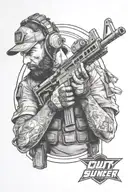 Create a portrait of a professional Call of Duty player in action, with the New York Subliners logo in the background tattoo design idea