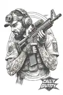 Create a portrait of a professional Call of Duty player in action, with the New York Subliners logo in the background tattoo design idea