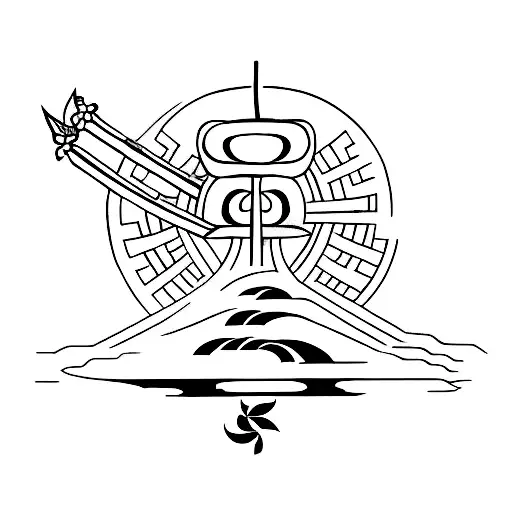 A minimalist tattoo of a Japanese torii gate, a symbol of transition and passing into the spiritual world, with a silhouette of your friend standing beside it, holding a sword as a tribute to his love for Japan and sword stuff. tattoo design idea