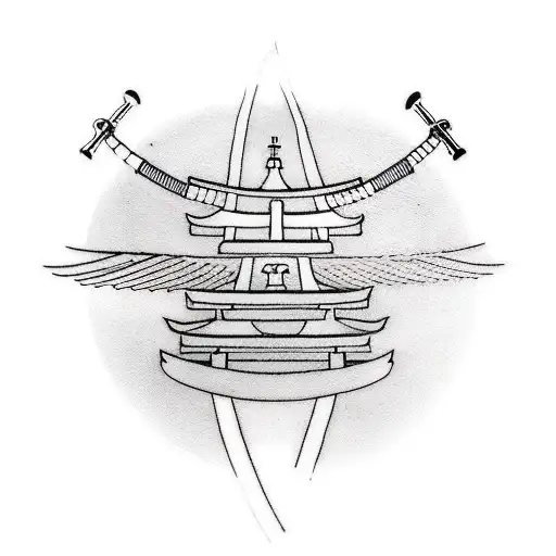 A minimalist tattoo of a Japanese torii gate, a symbol of transition and passing into the spiritual world, with a silhouette of your friend standing beside it, holding a sword as a tribute to his love for Japan and sword stuff. tattoo design idea