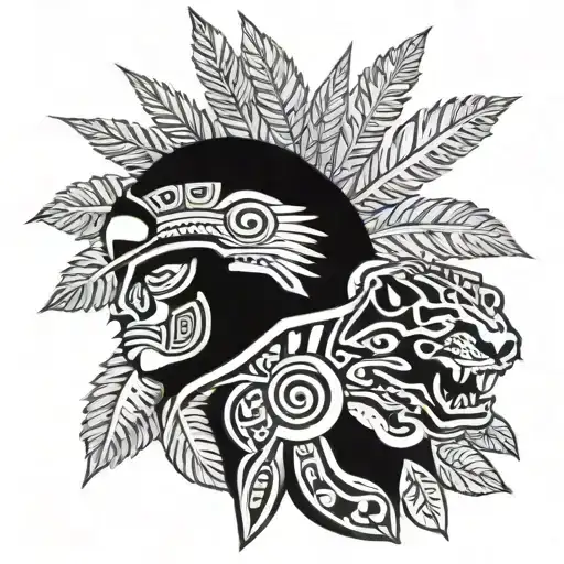 cannabis leaf and aztec jaguar warrior tattoo design idea