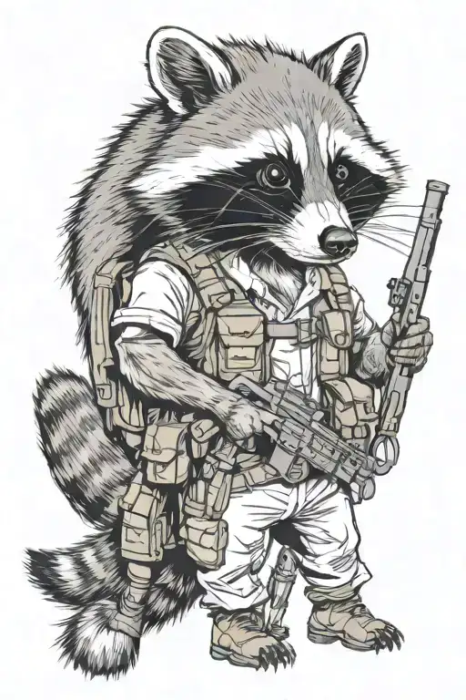 an intelligent, humanoid raccoon who is an expert in tactics and a very accurate marksman tattoo design idea