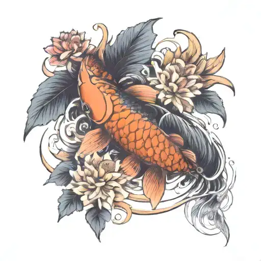 a koi fish surrounded by a flower engulfed in human ribs  tattoo design idea
