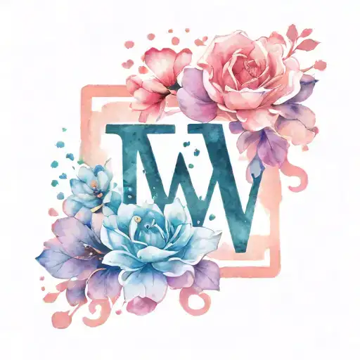 flowers and love hearts with a cat paw print and the letter W tattoo design idea