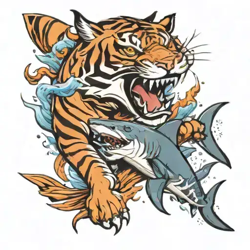 shark and tiger fighting tattoo design idea