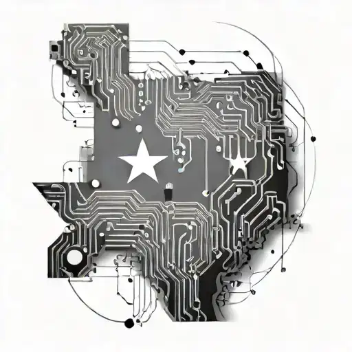 An abstract design of circuitry forming the shape of Texas, with a computer mouse cursor pointing to a specific location tattoo design idea