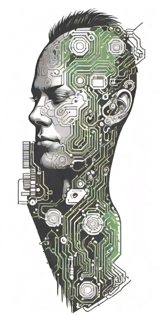 A Futuristic Cybernetic With Intricate printed circuit board traces, processor, and binary code tattoo design idea