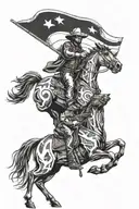 Futuristic cowboy riding a cybernetic horse while holding a glowing Texas flag tattoo design idea
