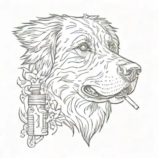 sleeve tattoo with a bernese mountain dog, a coyote chewing on a cigarette, and filler designs tattoo design idea