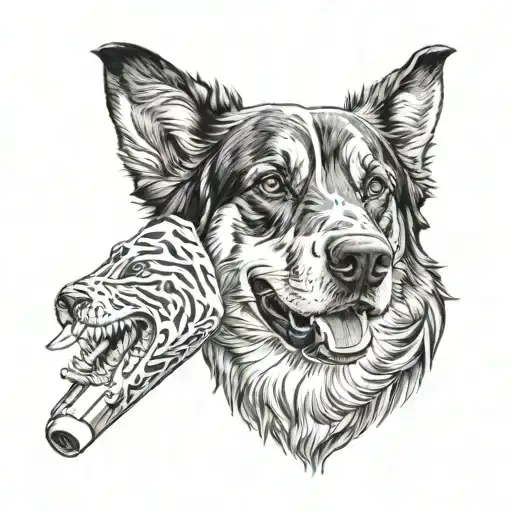 sleeve tattoo with a bernese mountain dog, a coyote chewing on a cigarette, and filler designs tattoo design idea