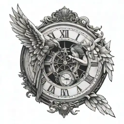 broken clock held up by angel with broken wings  tattoo design idea