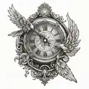 broken clock held up by angel with broken wings  tattoo design idea