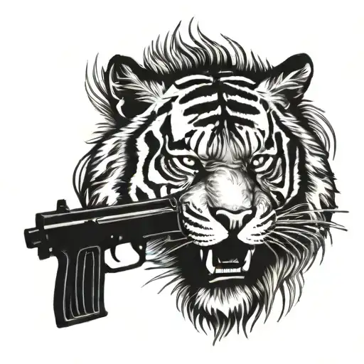Tiger face with assault rifles on each side of the face tattoo design idea