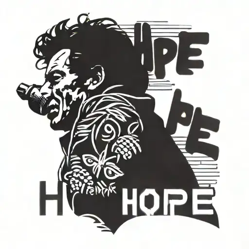 A silhouette of Bruce Springsteen's iconic pose with a microphone, with a background of a sunset and the word 'Hope' in bold letters tattoo design idea