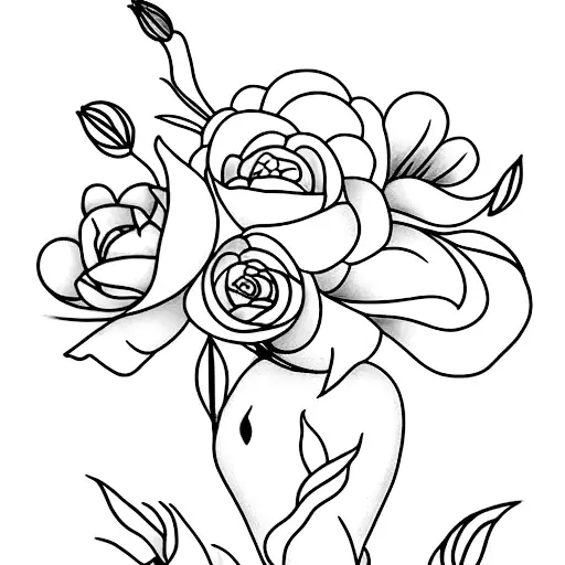Long stemmed peony, lily of the valley, rose and morning glory flower fineline minimalistic tattoo on back on arm elbow  tattoo design idea