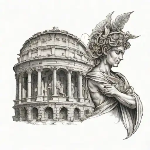 Roman gradiator, with a coliseum and a goddess of justice with her right hand occupied by something that symbolizes envy tattoo design idea