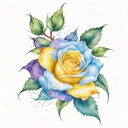 yellow rose with blue and purple background tattoo design idea