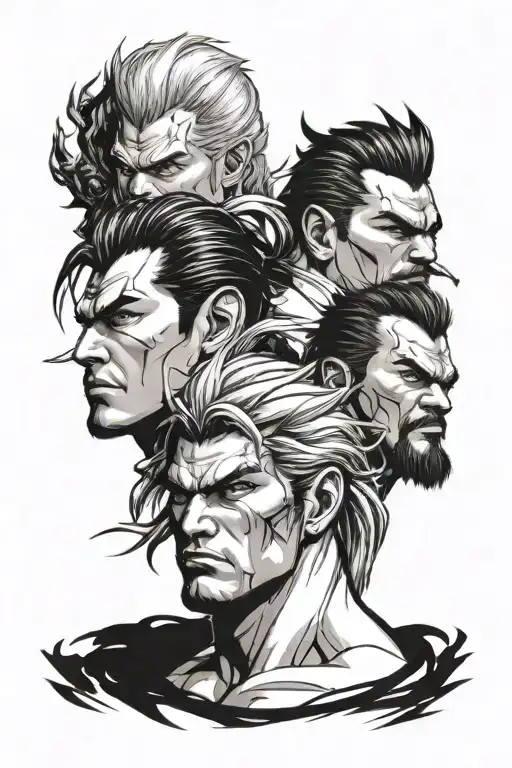 Three isolated heads of Tekken game characters King, Steve Fox and Brian Fury facing forward on top of each other tattoo design idea