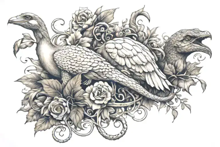 Hound, lizard, swan and vine wrapping tattoo design idea