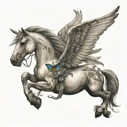 pegasus with a butterfly flying around it tattoo design idea