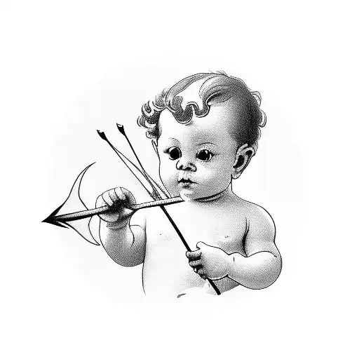 Baby cupid with a bow in one hand and arrow in the other hand, floating gracefully backwards, wearing loose cloth tattoo design idea