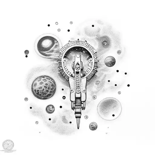 An intricate dotwork tattoo featuring a mechanic's hand holding a futuristic wrench, surrounded by constellations and galaxies. tattoo design idea