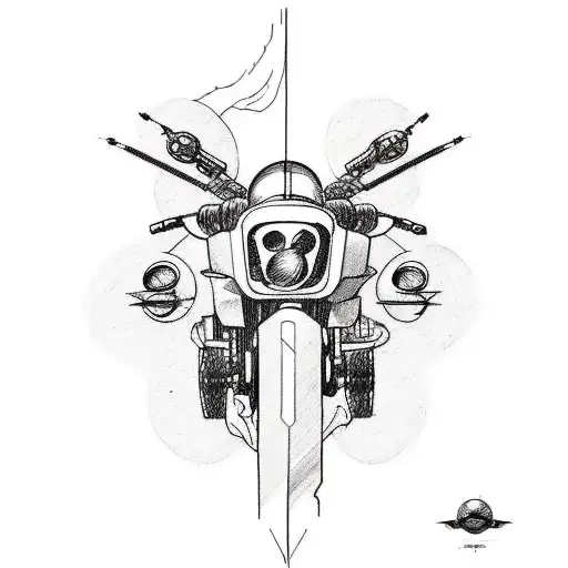 A sketch-style tattoo of a cybernetic motorcycle merging with a spaceship, symbolizing the fusion of the client's love for motorcycles and space exploration. tattoo design idea