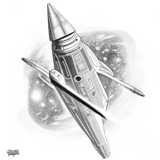 A black and grey tattoo depicting a spaceship from Star Trek flying through a cosmic nebula, with gaming elements subtly incorporated into the design. tattoo design idea