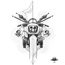 A sketch-style tattoo of a cybernetic motorcycle merging with a spaceship, symbolizing the fusion of the client's love for motorcycles and space exploration. tattoo design idea